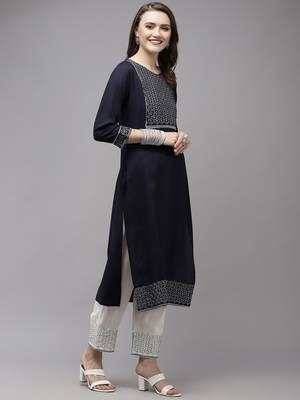 Navy-blue embroidered rayon kurta-suits 2