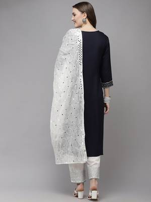 Navy-blue embroidered rayon kurta-suits 3