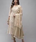 Beige printed cotton kurta-suits