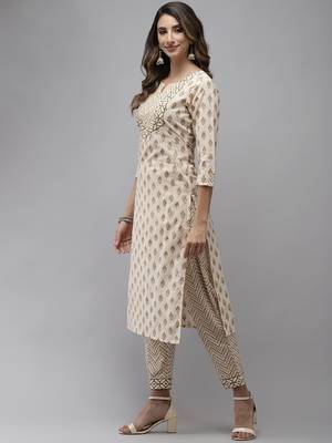 Beige printed cotton kurta-suits 2