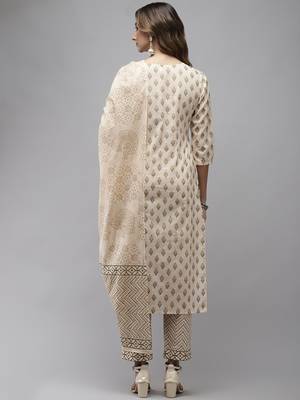 Beige printed cotton kurta-suits 3