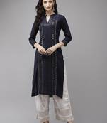 Navy-blue printed rayon palazzo-kurta