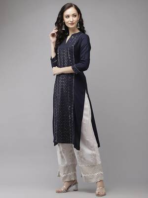 Navy-blue printed rayon palazzo-kurta 2