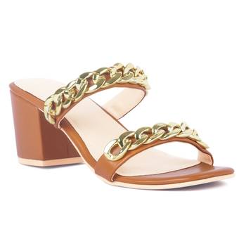 Tan Block Heel Slide Sandals 1