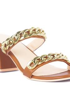Tan Block Heel Slide Sandals