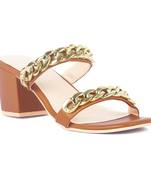 Tan Block Heel Slide Sandals
