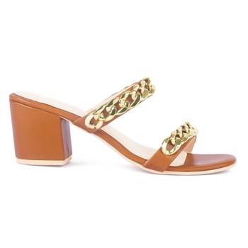 Tan Block Heel Slide Sandals 2