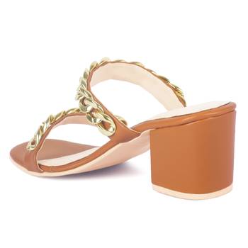 Tan Block Heel Slide Sandals 3