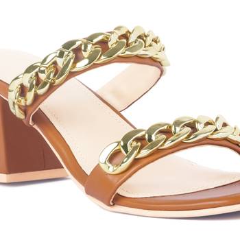 Tan Block Heel Slide Sandals 4