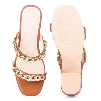 Tan Block Heel Slide Sandals 5