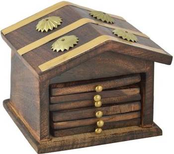 BK Creation Wooden HUT Shape Tea-Coaster Set  (Pack of 6) 1