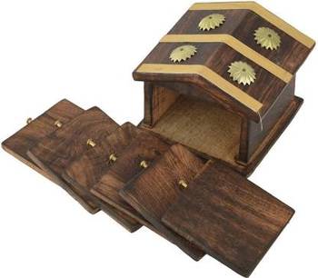 BK Creation Wooden HUT Shape Tea-Coaster Set  (Pack of 6) 2
