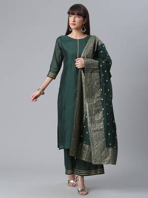 Ahalyaa Women Green Regular Gotta Patti Chanderi Silk Kurta with Palazzos & Dupatta 1