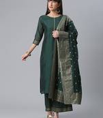 Ahalyaa Women Green Regular Gotta Patti Chanderi Silk Kurta with Palazzos & Dupatta