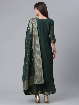 Ahalyaa Women Green Regular Gotta Patti Chanderi Silk Kurta with Palazzos & Dupatta 2