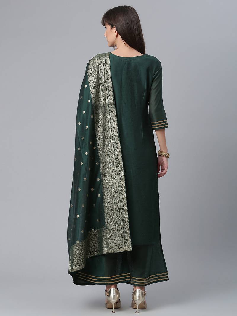 Ahalyaa Women Green Regular Gotta Patti Chanderi Silk Kurta with Palazzos & Dupatta