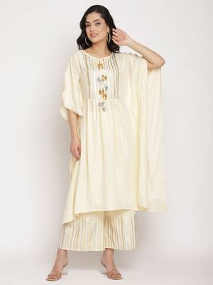 Ahalyaa Women Off White Printed Gotta Patti Kaftan Style Kurta with Palazzos 1