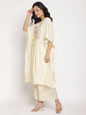 Ahalyaa Women Off White Printed Gotta Patti Kaftan Style Kurta with Palazzos 3