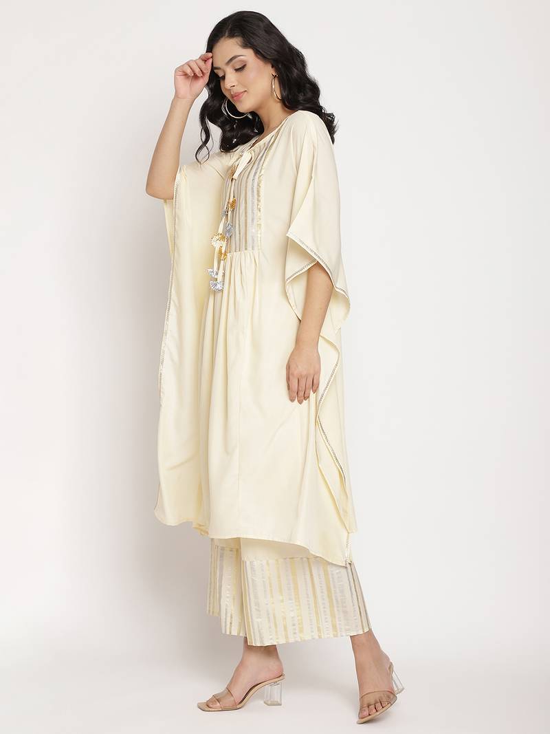 Ahalyaa Women Off White Printed Gotta Patti Kaftan Style Kurta with Palazzos