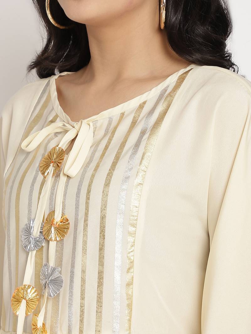 Ahalyaa Women Off White Printed Gotta Patti Kaftan Style Kurta with Palazzos