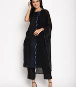 Ahalyaa Women Navy Blue Regular Chanderi Silk Kurta with Trousers & With Dupatta
