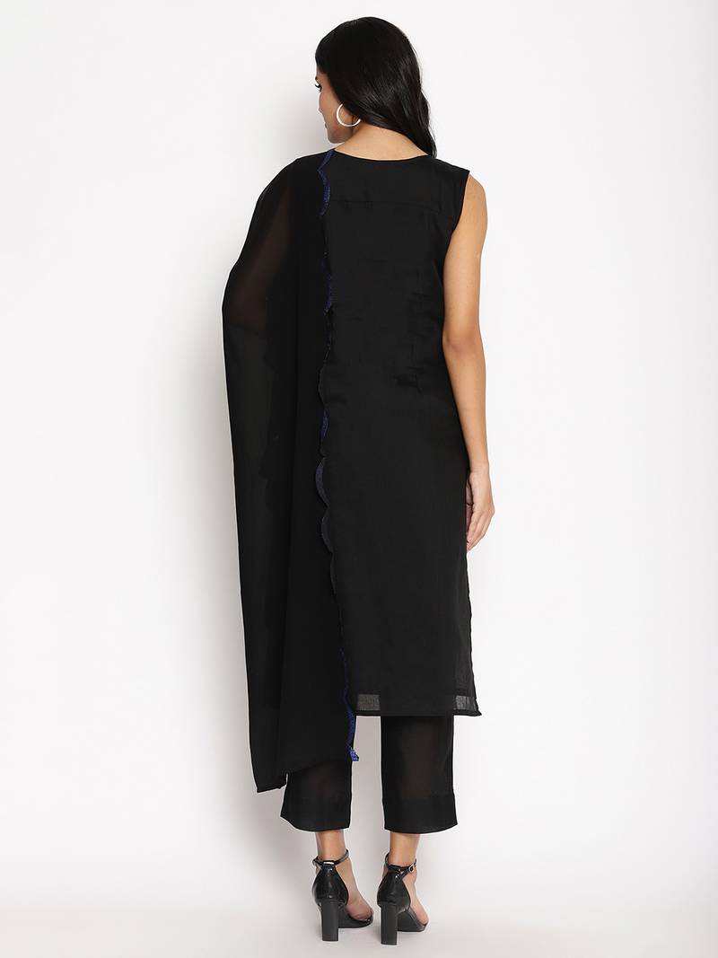 Ahalyaa Women Navy Blue Regular Chanderi Silk Kurta with Trousers & With Dupatta