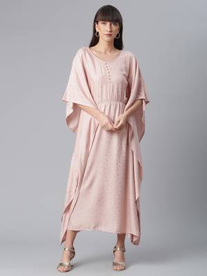 Ahalyaa Women Peach-Colored Printed Flared Sleeves Kaftan Kurta 1