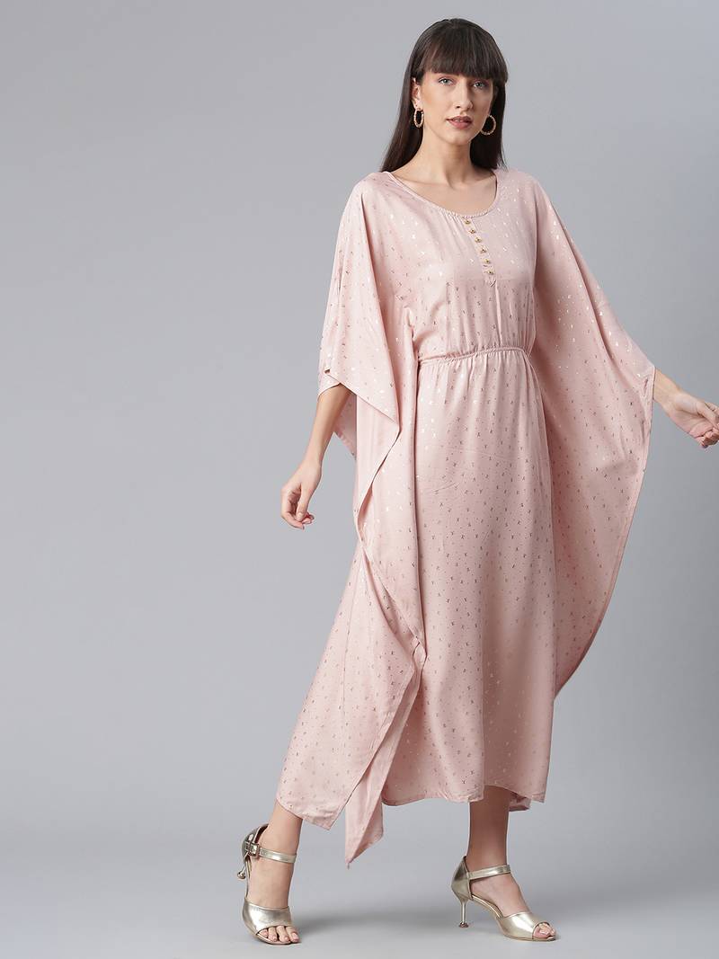 Ahalyaa Women Peach-Colored Printed Flared Sleeves Kaftan Kurta