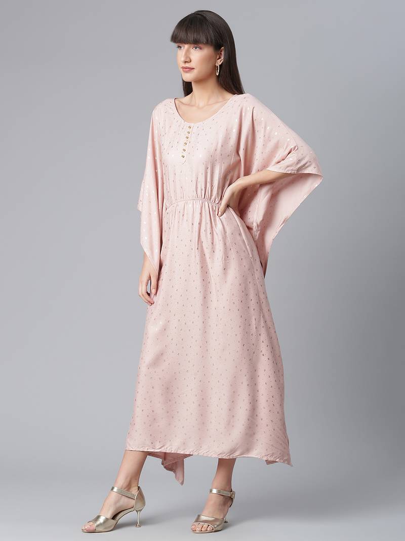 Ahalyaa Women Peach-Colored Printed Flared Sleeves Kaftan Kurta