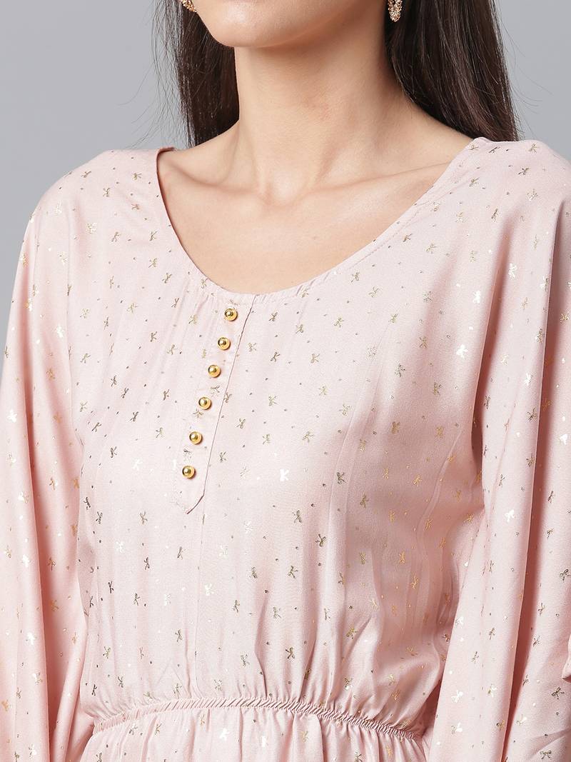 Ahalyaa Women Peach-Colored Printed Flared Sleeves Kaftan Kurta