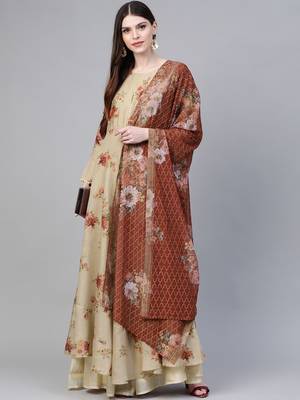Ahalyaa Women Beige & Red Floral Printed Anarkali Kurta with Dupatta 1