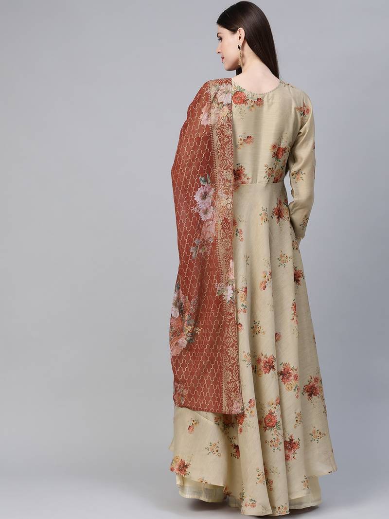 Ahalyaa Women Beige & Red Floral Printed Anarkali Kurta with Dupatta