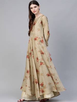 Ahalyaa Women Beige & Red Floral Printed Anarkali Kurta with Dupatta 3