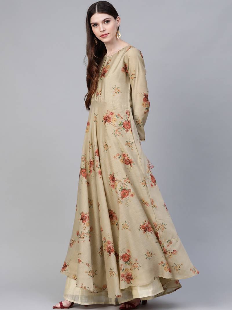 Ahalyaa Women Beige & Red Floral Printed Anarkali Kurta with Dupatta