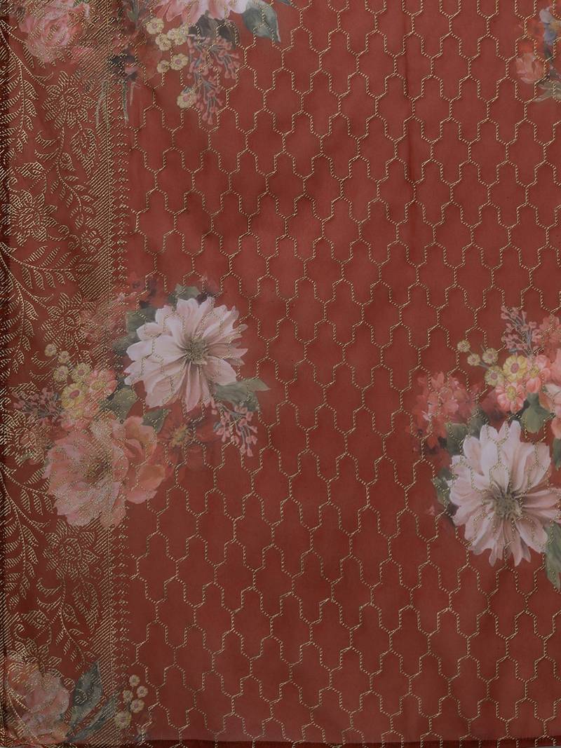 Ahalyaa Women Beige & Red Floral Printed Anarkali Kurta with Dupatta