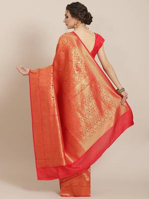 Red color Kanjivaram semi silk saree with unstitched blouse 2