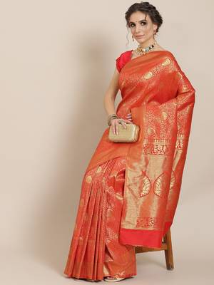 Orange color Kanjivaram semi silk saree with unstitched blouse 1