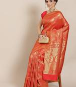 Orange color Kanjivaram semi silk saree with unstitched blouse