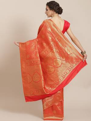 Orange color Kanjivaram semi silk saree with unstitched blouse 2