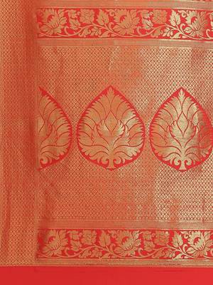 Orange color Kanjivaram semi silk saree with unstitched blouse 4