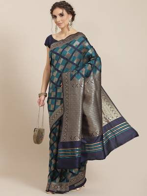 Blue color Kanjivaram semi silk saree with unstitched blouse 1
