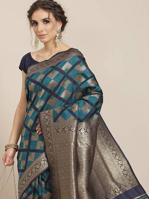 Blue color Kanjivaram semi silk saree with unstitched blouse 2