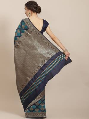 Blue color Kanjivaram semi silk saree with unstitched blouse 3
