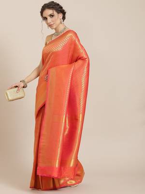 Orange color Kanjivaram semi silk saree with unstitched blouse 1