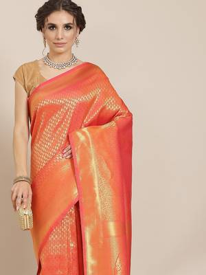 Orange color Kanjivaram semi silk saree with unstitched blouse 2