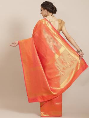 Orange color Kanjivaram semi silk saree with unstitched blouse 3