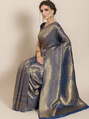 Blue color Kanjivaram semi silk saree with unstitched blouse 1