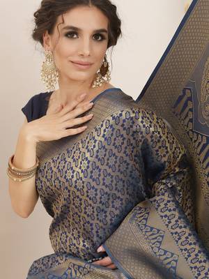 Blue color Kanjivaram semi silk saree with unstitched blouse 2