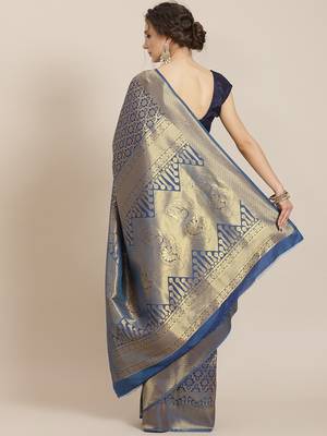 Blue color Kanjivaram semi silk saree with unstitched blouse 3