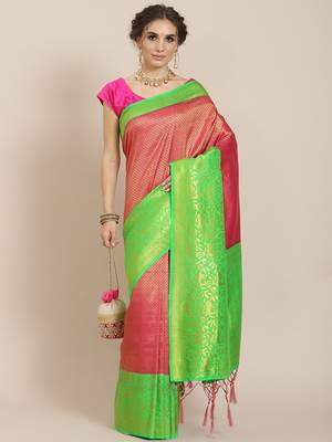 Pink color Kanjivaram semi silk saree with unstitched blouse 1